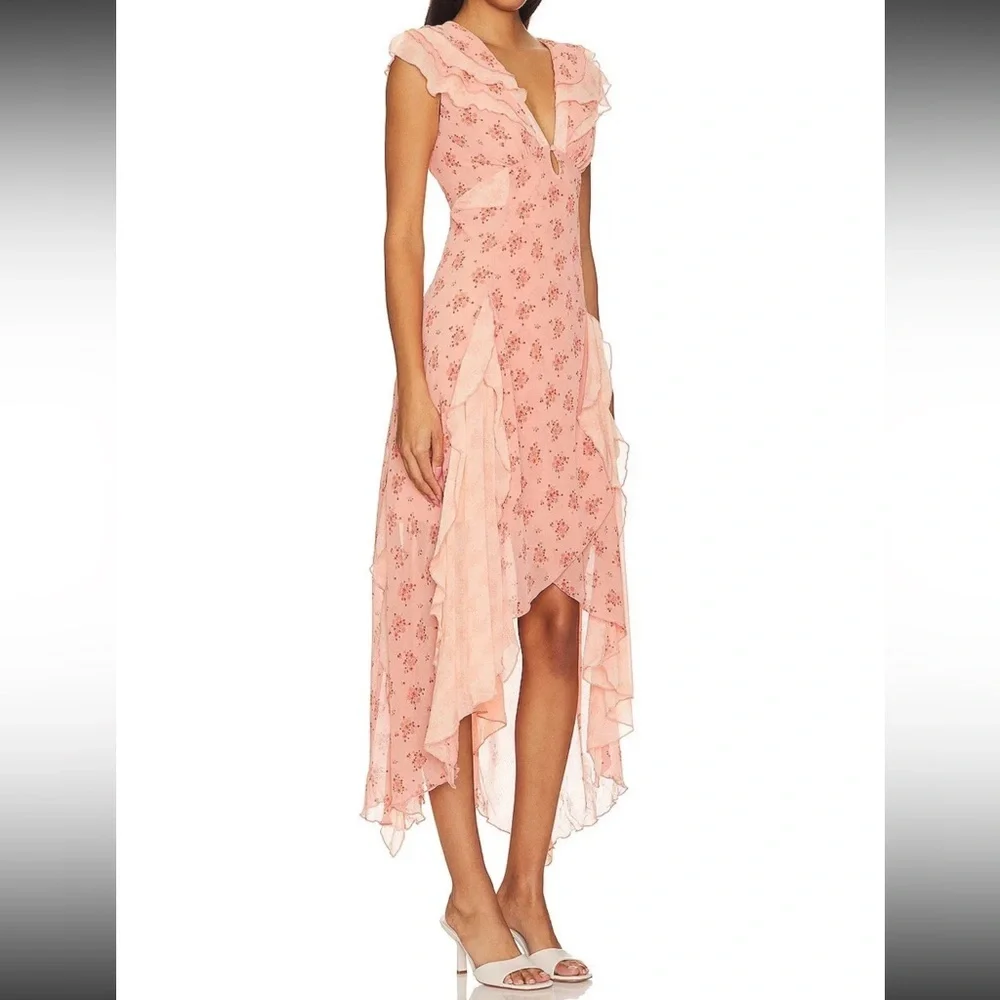Free People Joaquin Floral Asymmetrical Hem Midi Dress in Peach Combo - Picture 5 of 14